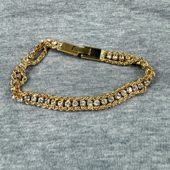 Gold-Tone Double Chain Bracelet Clear Rhinestones Secure Clasp Shine Sparkles - Picture 5 of 16